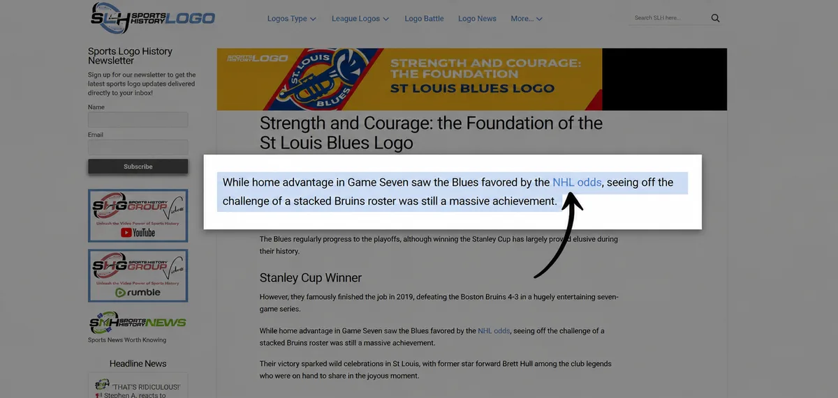 SportsLogoHistory article showing the contextual link placed for Betway on NHL odds